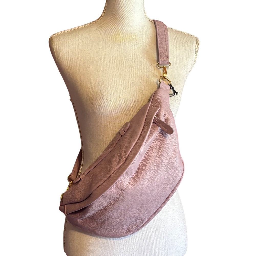 Genuine Leather Made in Italy Sling Crossbody Bag Mauve Pink Pebbled Minimalist - Picture 1 of 5